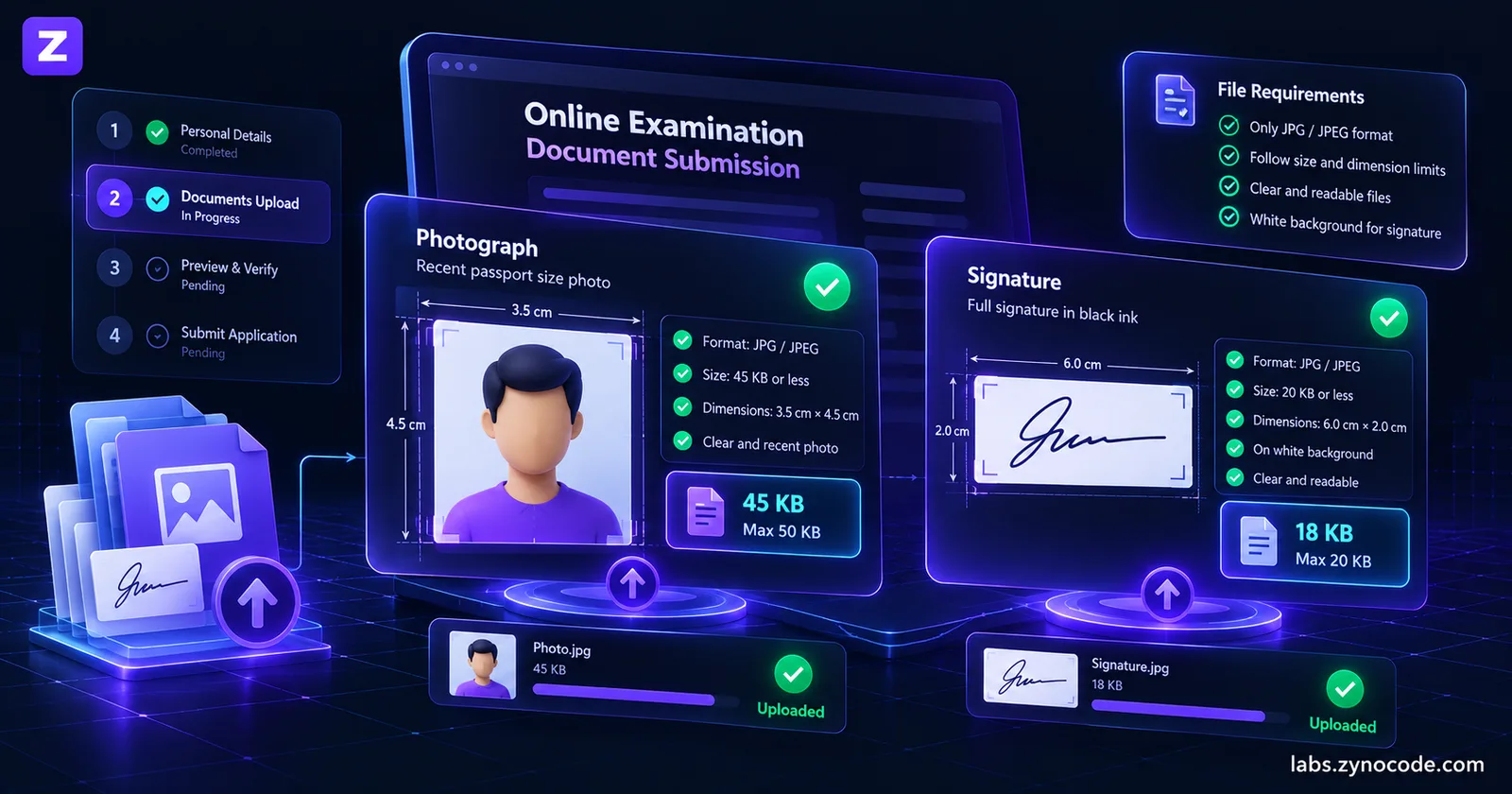 An online exam application screen with a passport-style photo and a signature, each showing its file size under the upload limit