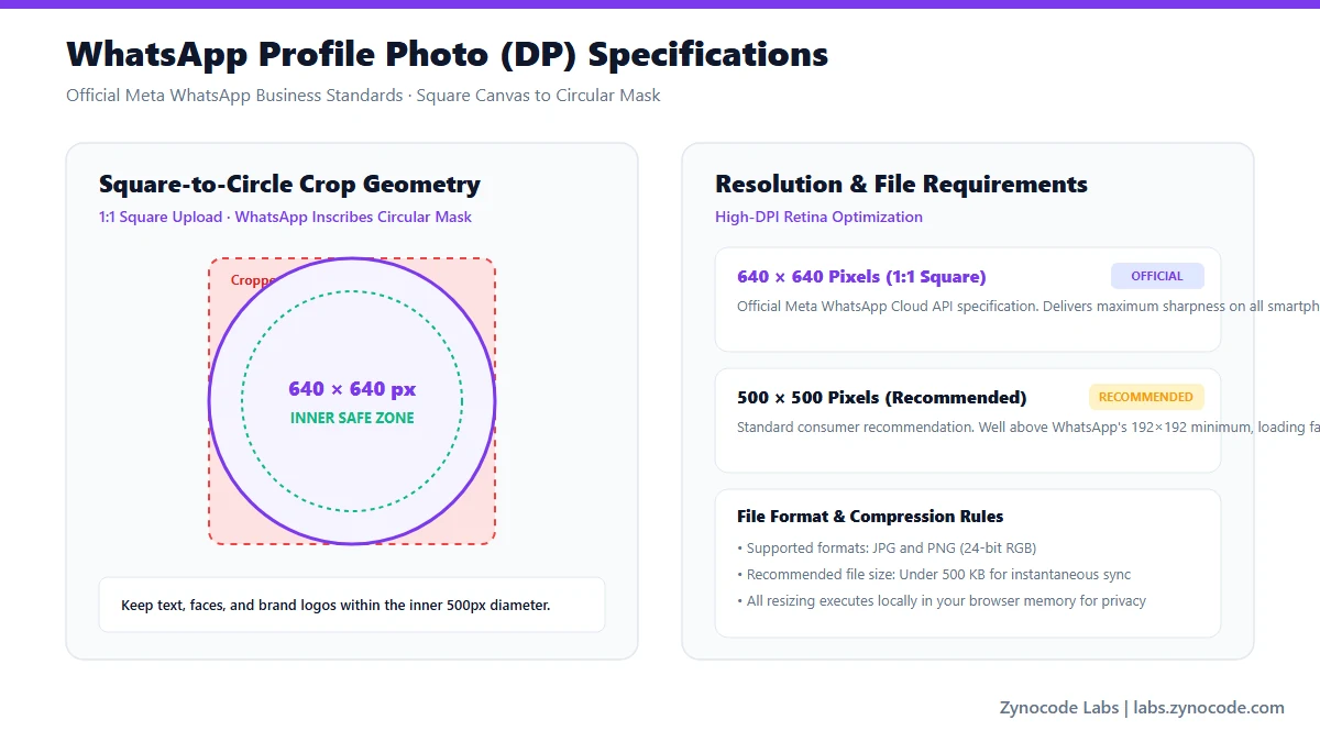 WhatsApp DP Dimensions Diagram — Circular Mask and Safe Zone